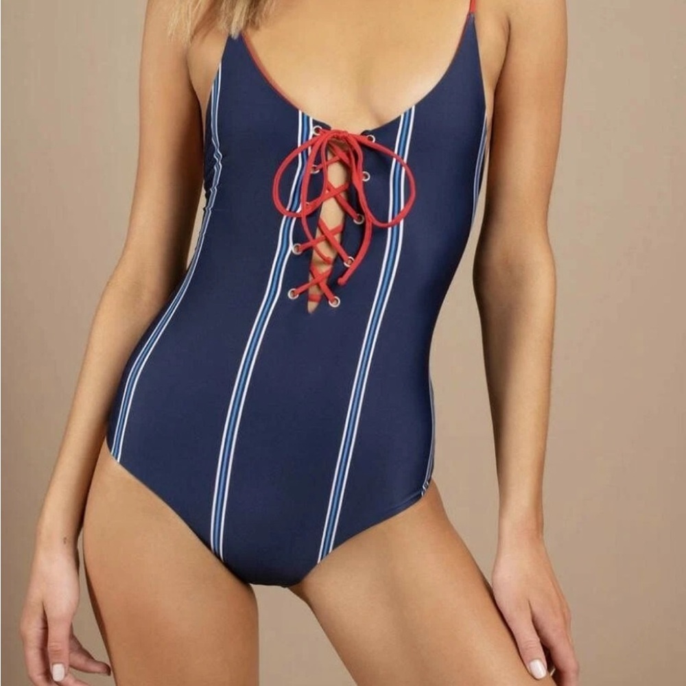 NWT Tavik Monahan One Piece Swimsuit Stripe Red Navy White Double Lace Up Sz S